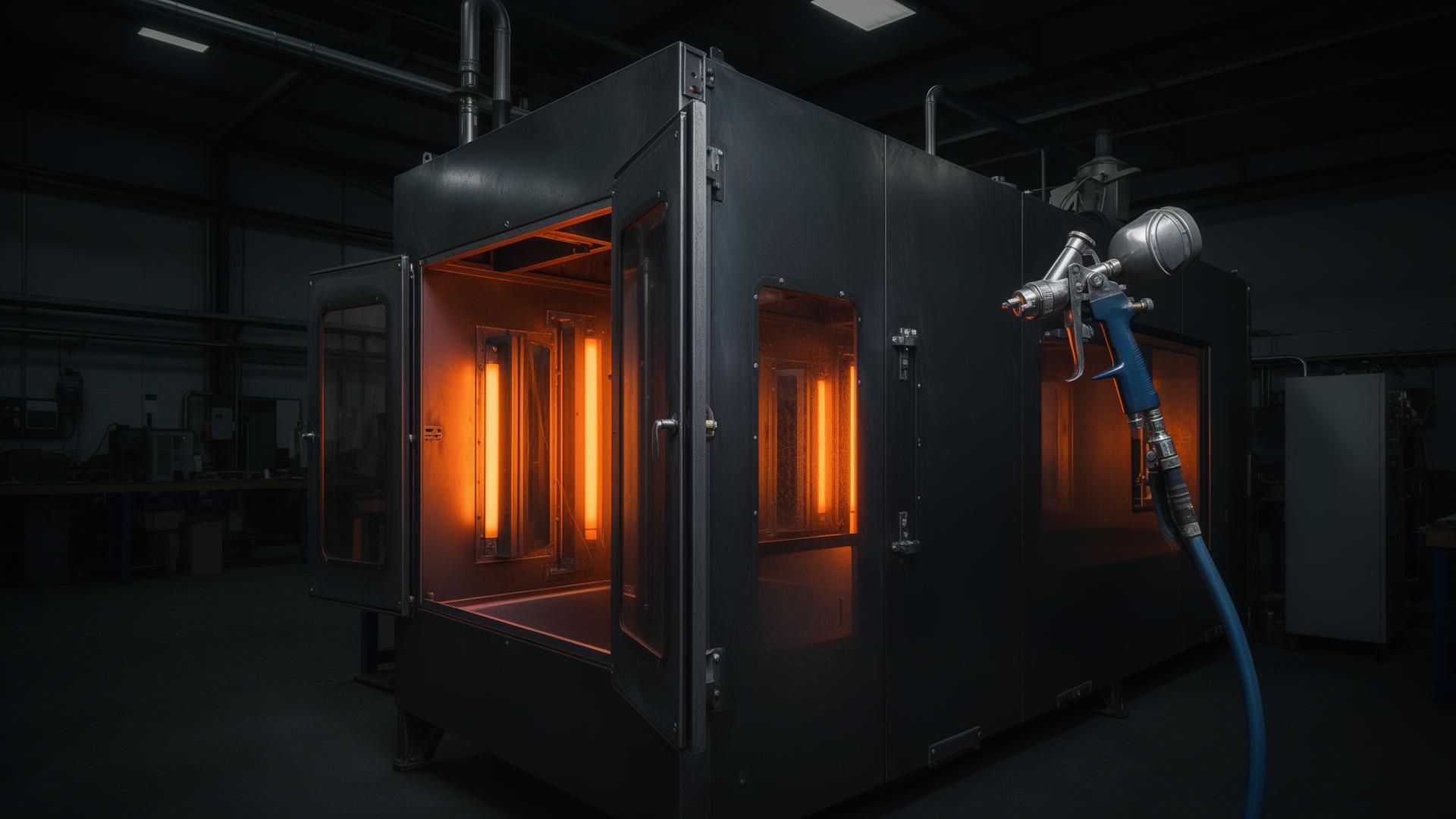 Plastifikacija metala - radnik nanosi prah na metalnu površinu elektrostatskim pištoljem